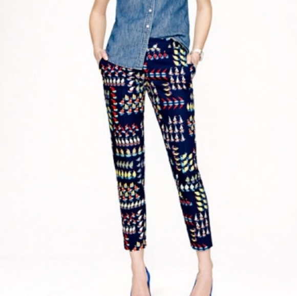 NWOT J.crew Nautical Sailboat Print Navy Blue Pleated Ankle Pants sz 00 - Picture 1 of 10